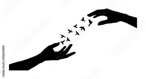 Vector art of silhouetted hands releasing a flock of birds into the sky isolated on transparent background
