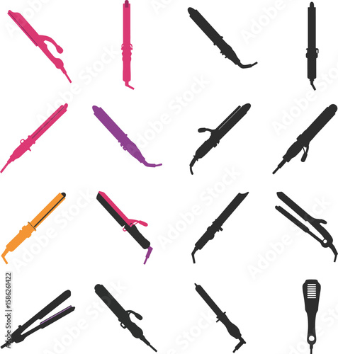 Hair Styling Tools Collection: Flat Irons, Curling Wands, and Straighteners. A comprehensive vector illustration set of various hair care appliances for beauty salons, personal grooming, and fashion.