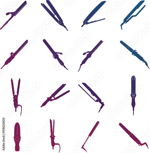 Hair Styling Tools Collection: Flat Irons, Curling Wands, and Straighteners. A comprehensive vector illustration set of various hair care appliances for beauty salons, personal grooming, and fashion.