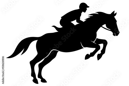 High-Definition Black Vector Silhouette of Horse and Rider Jumping – Olympic-Level Detail 
