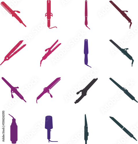 Hair Styling Tools Collection: Flat Irons, Curling Wands, and Straighteners. A comprehensive vector illustration set of various hair care appliances for beauty salons, personal grooming, and fashion.