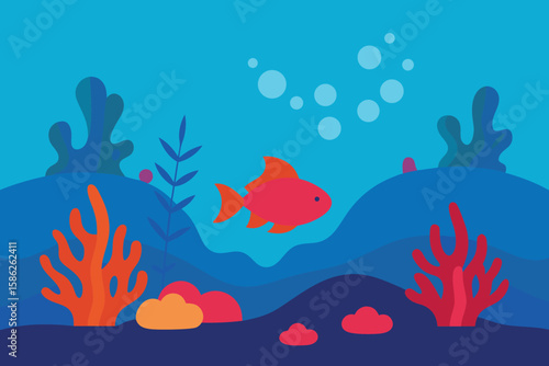 A vibrant illustration depicting a red fish swimming amongst coral and bubbles underwater.