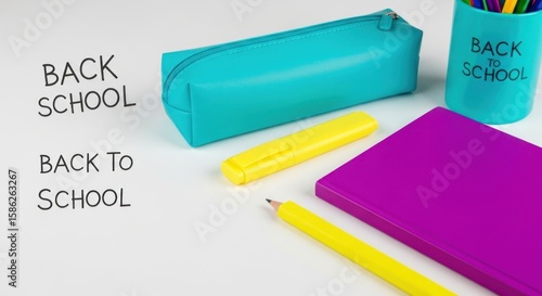 Bright school supplies are arranged for back to school, featuring a turquoise pencil case, yellow highlighter, purple notebook, and a pencil holder with colorful pencils.