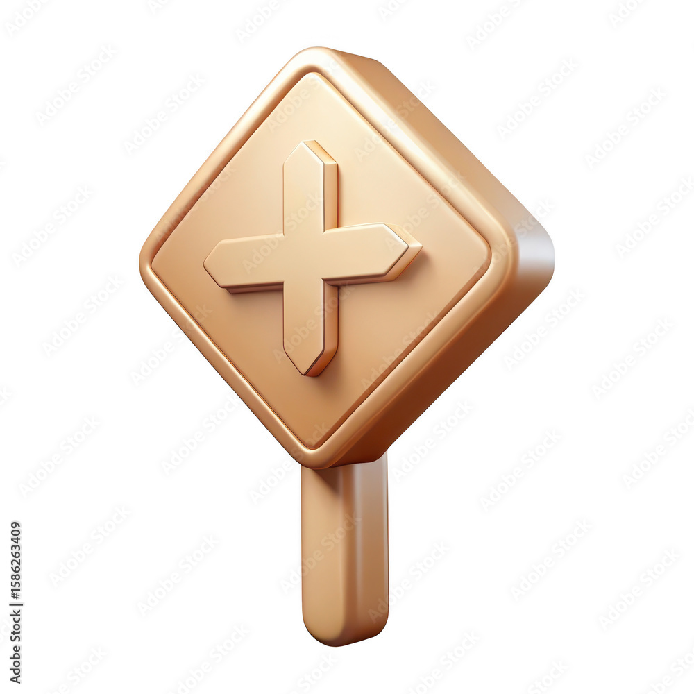 Obraz premium Golden 3d plus symbol on diamond shaped road sign with pole isolated on transparent background