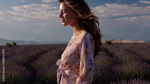 Serenity Amidst Lavender Fields: A woman is walking amidst the lavender fields in a serene state, bathed in the soft glow of the sunlight creating a picturesque landscape