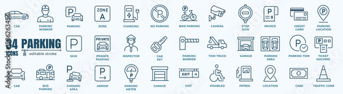 Parking icon set. Car parking solutions icon set: linear style for modern transportation