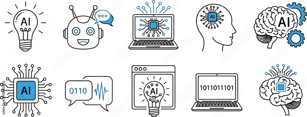 Artificial ai brain icon. Ai machine digital robot hand drawn doodle line icon. Artificial brain algorithm machine science concept. Hand drawn sketch style cute blue line
