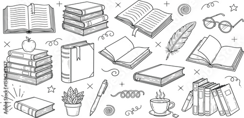 Book stack sketch set. Hand drawn sketch doodle style line book stack. Library, reading, school doodle concept icon background