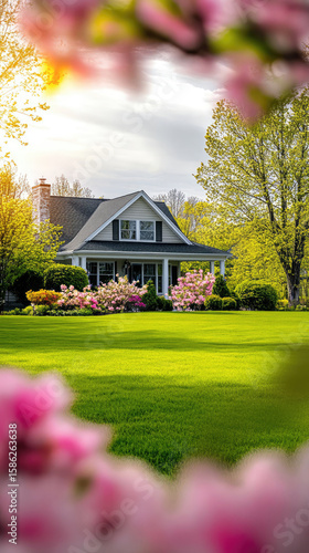 beautiful house surrounded by vibrant flowers and lush greenery, creating picturesque scene. sunlight adds warmth to landscape, perfect for relaxation