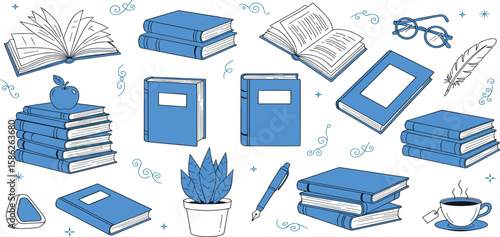 Book library stack sketch set. Hand drawn sketch doodle style line book stack. Library, reading, school doodle concept icon background. 