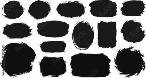 Brush frame rough rectangle box shape set. Text box frame rough grunge square, oval paint shape element. Hand drawn texture grunge brush rectangle, circle round text border