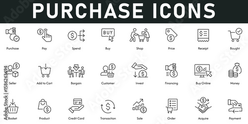 Purchase Icons vector illustration with thin line editable stroke contains pay, spend, buy, shop, price, receipt, bought, seller, add to cart, bargain, customer, customer, invest, financing, money