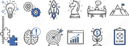 Business idea, startup doodle line icon set. Hand drawn doodle sketch line style business strategy, finance goal, startup idea concept