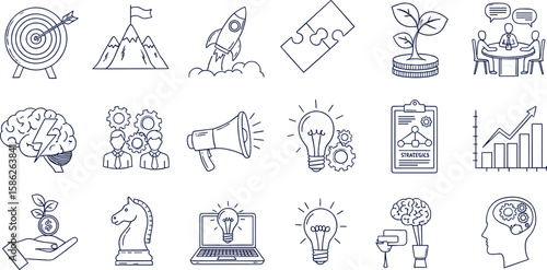 Business idea, startup doodle line icon set. Hand drawn doodle sketch line style business strategy, finance goal concept.