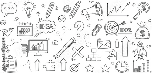 Business money sketch idea icon set. Hand drawn sketch elements for startup, project, goal and teamwork. Business graphic chart, rocket, growth