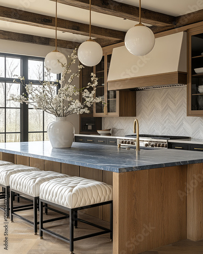 modern kitchen featuring large island with marble countertop, stylish bar stools, and elegant pendant lights. space is brightened by natural light and adorned with decorative flowers