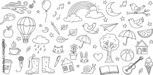 Cute kid background line tree, cloud, flower icon. Hand drawn doodle sketch kid art element set. Flower, heart, cloud children draw style 