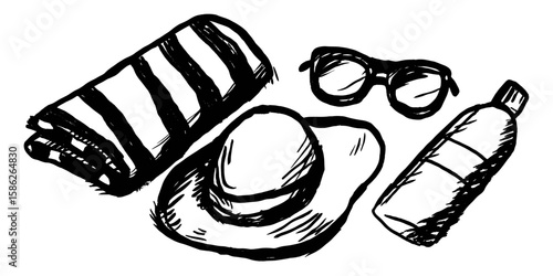 Beach essentials including towel, hat, sunglasses, and water bottle  
