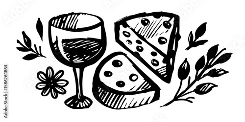 Wine glass and cheese platter with floral elements in sketch style  