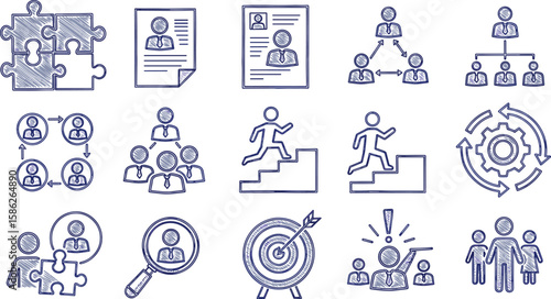 Doodle business team icon set. Doodle teamwork people community, office man group work concept. Target, gear, puzzle element. 