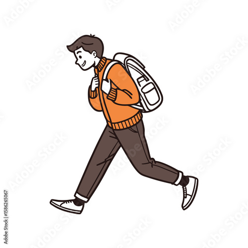 Minimal outline vector icon of a boy walking with a backpack, wearing an orange sweater, brown pants, and white sneakers.