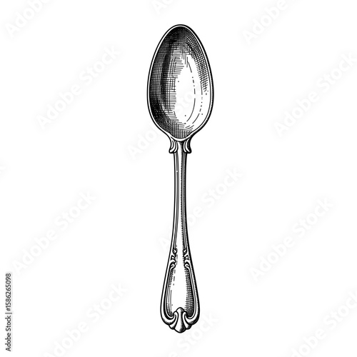 Vintage silver spoon with intricate design on white background  