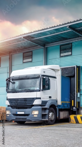 Wallpaper Mural Modern warehouse loading dock with truck trailer during golden hour featuring blue and white colors in a cinematic setting Torontodigital.ca