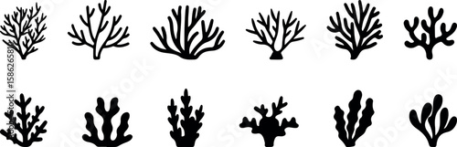 Black coral silhouettes offer a diverse collection of marine life vector illustrations