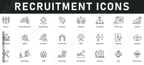 recruitment Icons vector illustration with thin line editable stroke contains human resources, headhunting, contract, meeting, candidate, online job, career, employee, salary, interview, hire, staff