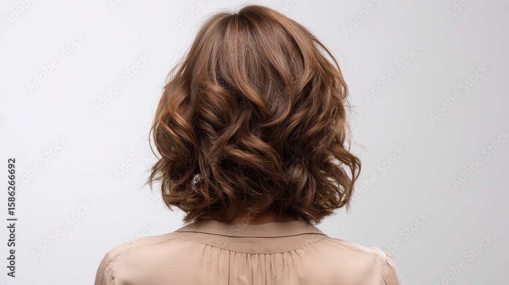 Photo of the back view of an woman with short brown hair, shoulder-length curly bob style hairstyle, wearing beige blouse Photo of the back view of an woman with short brown hair, shoulder-length curly bob style hairstyle, wearing beige blouse