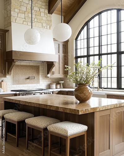 modern kitchen featuring large island with stone countertop, elegant pendant lights, and beautiful window. warm wood cabinetry complements natural stone walls, creating cozy