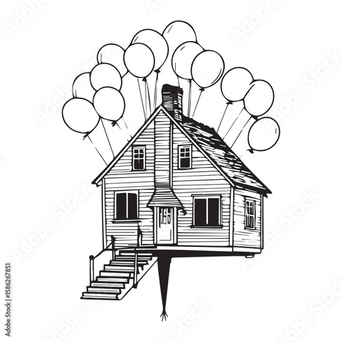 A charming little house floats merrily into the sky, lifted by a bunch of colorful balloons, a whimsical black and white illustration