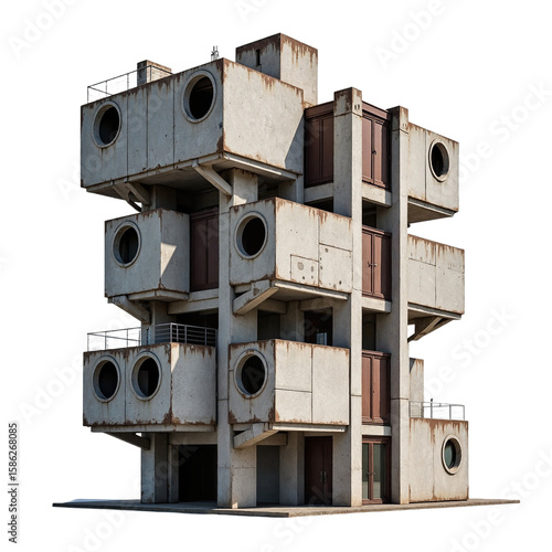  Iconic Brutalist Concrete Modular Building Isolated on White