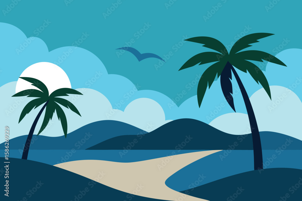 Tropical Beach Landscape Vector Illustration: Palm Trees, Ocean, Sand, and Sky Graphic Design for Travel and Vacation Themes Tropical Beach Landscape Vector Illustration: Palm Trees, Ocean, Sand, and Sky Graphic Design for Travel and Vacation Themes