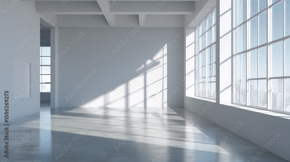 Obraz premium Empty white gallery space with large windows. Sunlight casts geometric shadows on white walls. Polished concrete floor reflects light. Minimalist design emphasizes potential and emptiness.