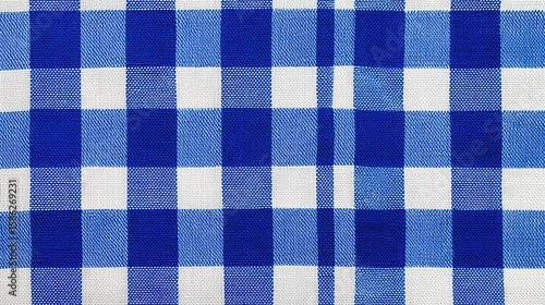 Blue white checkered picnic tablecloth as background, top view
