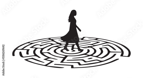 Vector art of woman walks through a circular maze, seeking a path forward isolated on transparent background