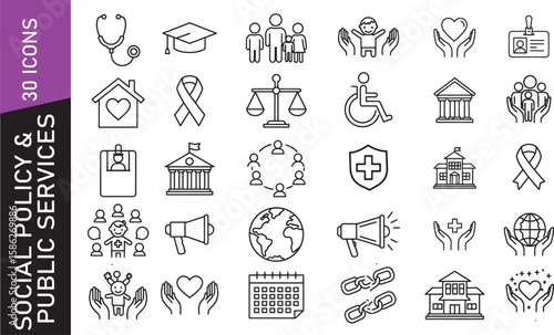 Social policy and public services icon set - Linear black icons for public service and social care – law, housing, education