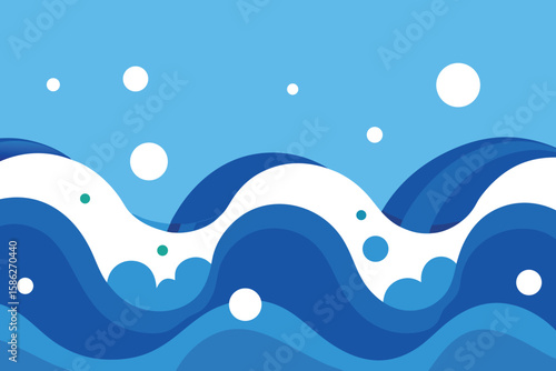 Stylized ocean waves with white foam and bubbles, abstract blue water design.