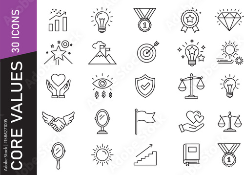 Black outline icon collection for mindset, leadership, and human core values
