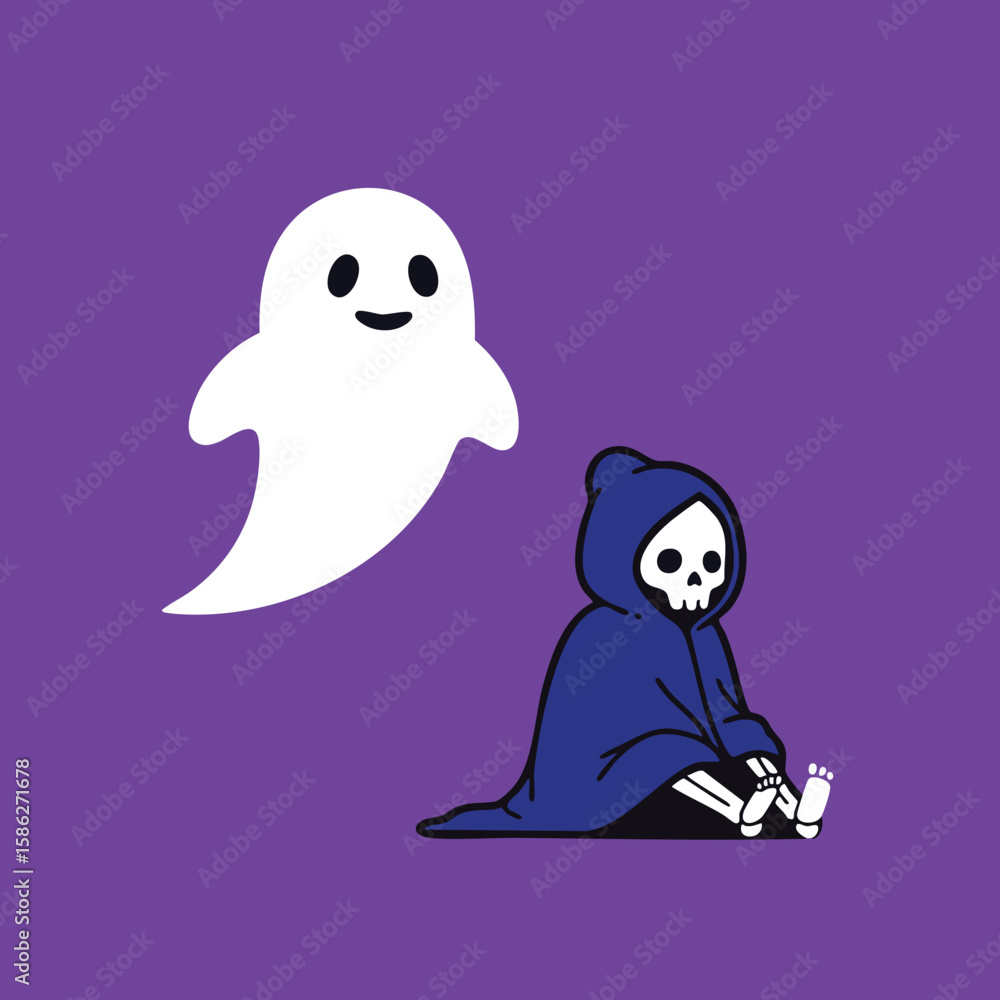 Obraz premium Cute ghost and sitting grim reaper character illustration on purple background Halloween theme vector design 