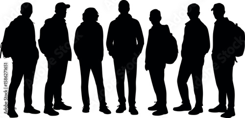 Group of men and women, people walking with backpacks, silhouettes, vector, profile, black isolated on white background 