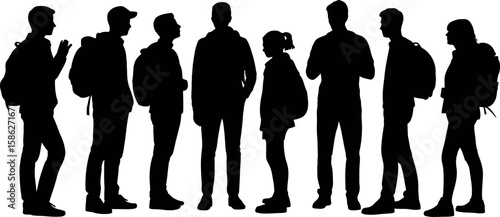 Group of men and women, people walking with backpacks, silhouettes, vector, profile, black isolated on white background 