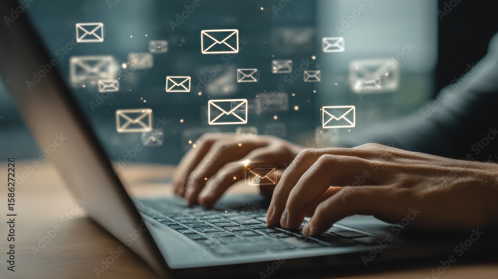 Background of email network system with hands on laptop, digital mail interface in modern tech workspace Background of email network system with hands on laptop, digital mail interface in modern tech workspace