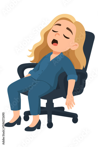 Tired businesswoman sleeping in office chair in cartoon vector style, corporate outfit, burnout and exhaustion concept