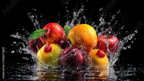 fruit explosion with water splash on a black background,
