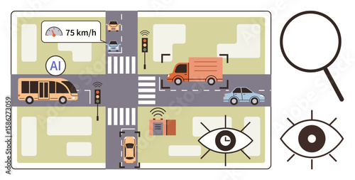 AI supervising vehicles at an urban intersection with traffic lights, crosswalks, and different vehicles. Ideal for technology, safety, innovation, automation, urban planning, machine learning smart
