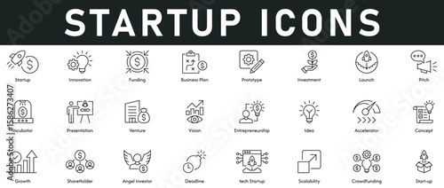 Startup Icons vector illustration with thin line editable stroke contains innovation, funding, planning, prototype, investment, launch, presentation, vision, entrepreneurship, idea, growth, deadline.