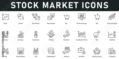 Stock Market icons vector illustration with thin line editable stroke contains shares, buy, stock exchange, sell, financial goals, investment, earnings, trading, risk, profit, company, portfolio	