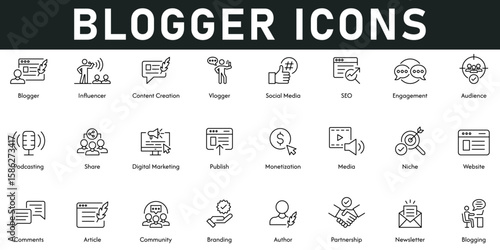 Blogger Icons vector illustration with thin line editable stroke contain influencer, content creation, social media, seo, target audience, digital marketing, branding, article, website, publish, share